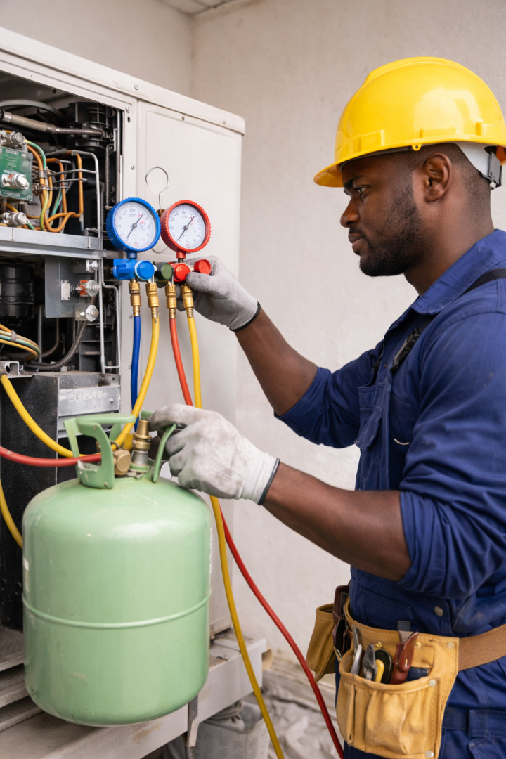 Technicien installant un climatiseur mural